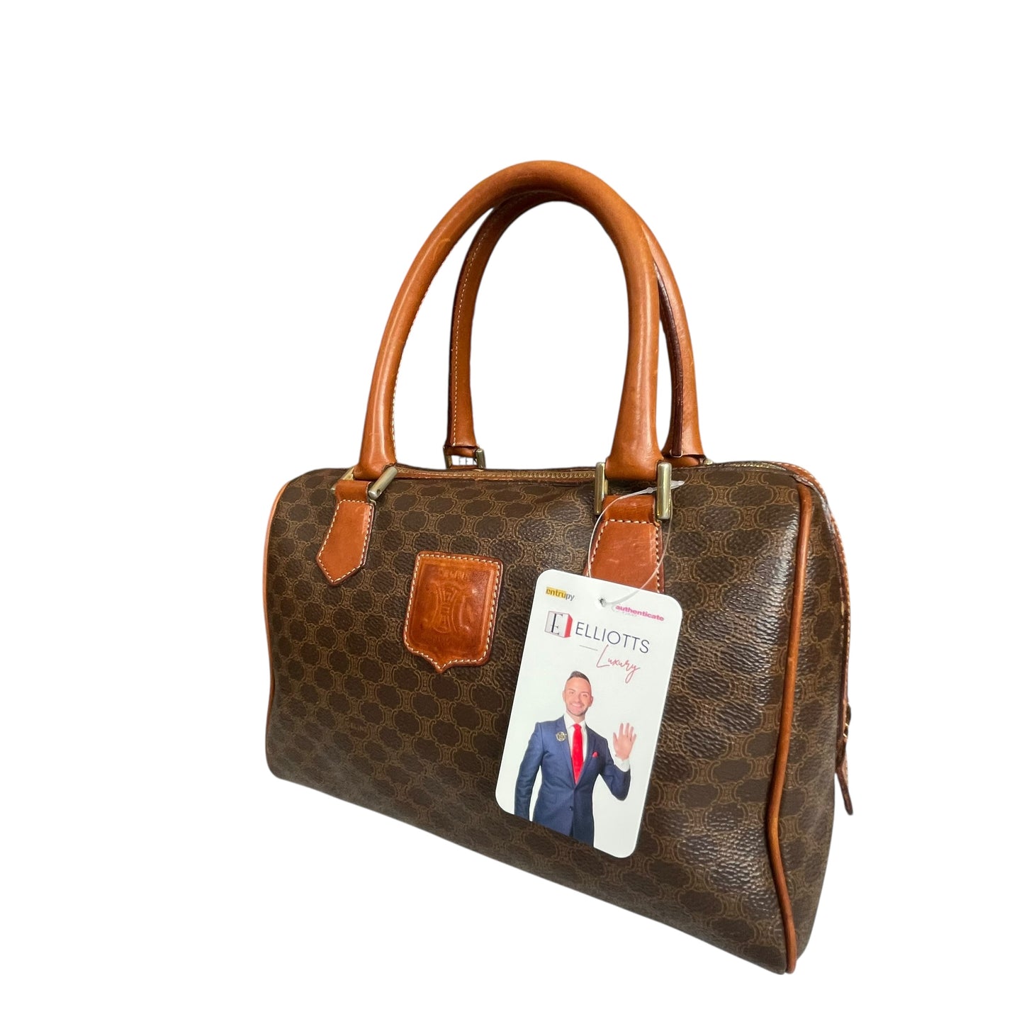 Celine Honeycomb Coated Canvas Leather GHW Brown Boston Speedy Purse