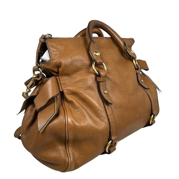 Miu Miu XL Crossbody Satchel Brown Brushed Gold Leather Bow Side Purse Hobo Bag
