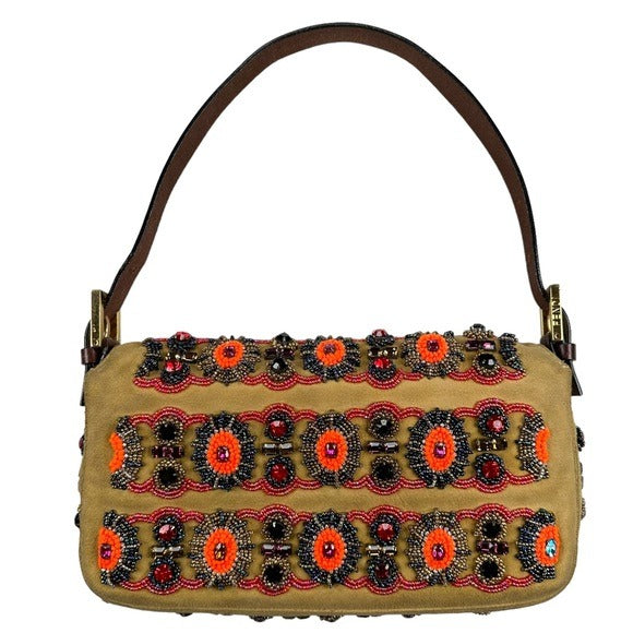 Fendi Suede Multi Rhinestone Beaded Pony Fur Leather Baguette Flap Purse