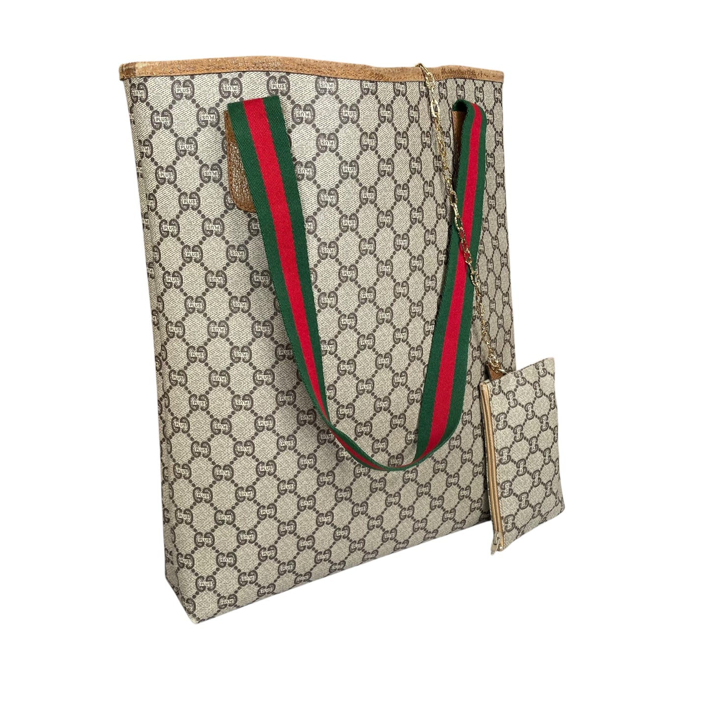 Gucci Plus GG Leather & Canvas Sherry Line Tote w/Mini Gucci Plus Zip. Pouch