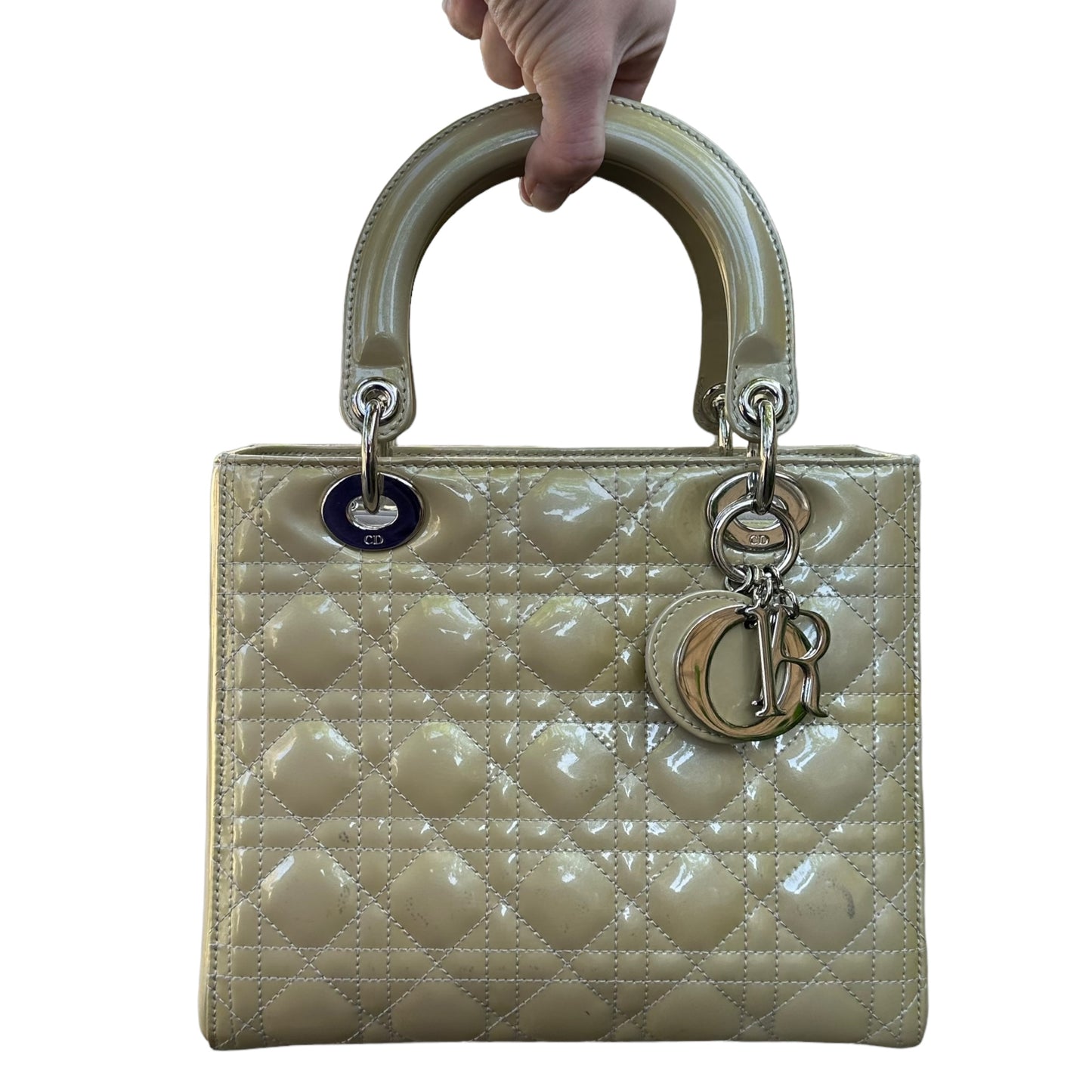 Christian Dior Lady Green Pearl Silver Cannage Patent Leather Zip Two-Way Purse