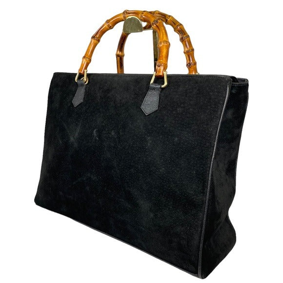 Gucci GG Diana Bamboo Black Suede Leather Dual Snap XL Pocket Top Handle Tote