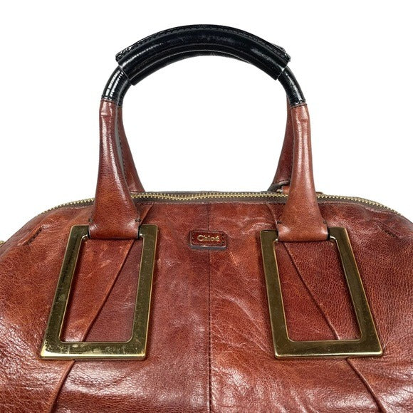 Chloe XL Ethel Two Tone Patent Leather Brown Black Zippy Oval Handbag Tote Purse