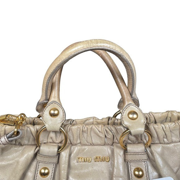 Miu Miu Rippled Gold Leather Shoulder Purse Two-Way Crossbody Zip Bag