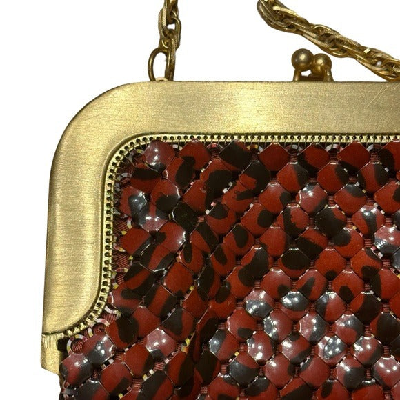Whiting & Davis Brushed Gold Metal Mesh Shoulder Kiss-Lock Wristlet Clutch Purse