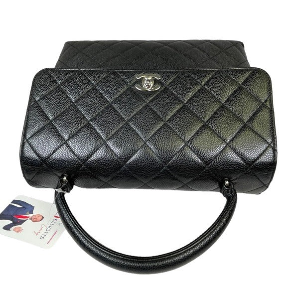 Chanel CC Silver Caviar Black Top-Handle Turn-Lock Kelly Leather Flap Satchel