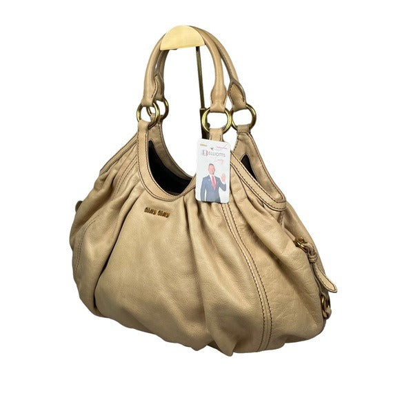 Miu Miu Basket Hobo Leather Gathered XL Ivory Creme Gold Shoulder Purse Bag Tote