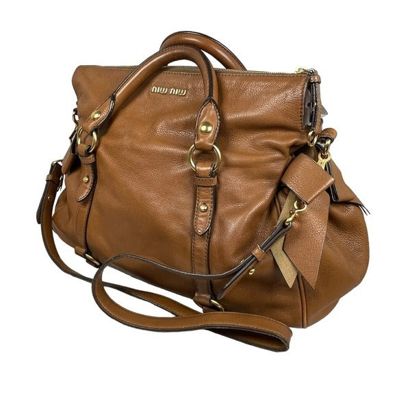 Miu Miu XL Crossbody Satchel Brown Brushed Gold Leather Bow Side Purse Hobo Bag