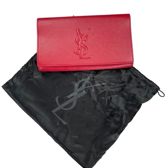YSL XL Red Leather Clutch Wallet Purse Magnetic Closure Chain Flap Bag