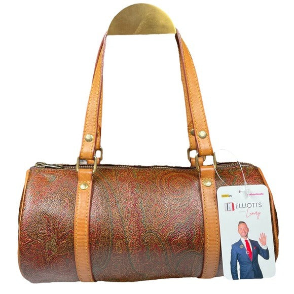 Etro Paisley Canvas Natural Leather Barrel Round Shoulder Bag Purse 10” x 4.5”