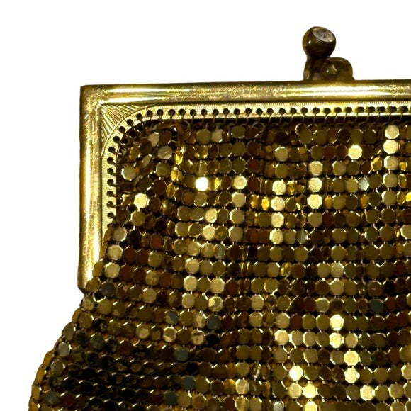Whiting & Davis Mini Gold Metal Mesh Frame Rhinestone Kiss-Lock Coin Card Clutch