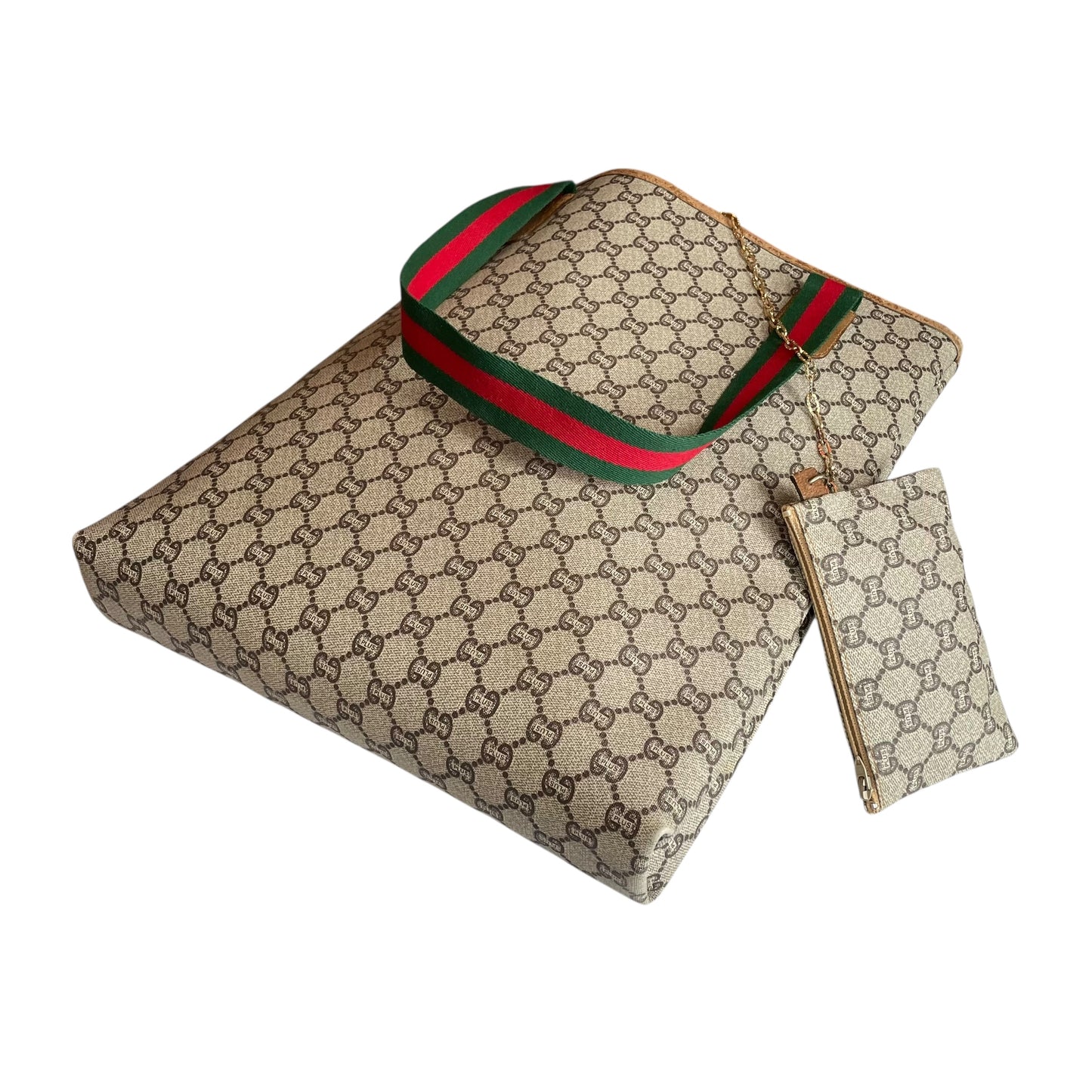 Gucci Plus GG Leather & Canvas Sherry Line Tote w/Mini Gucci Plus Zip. Pouch