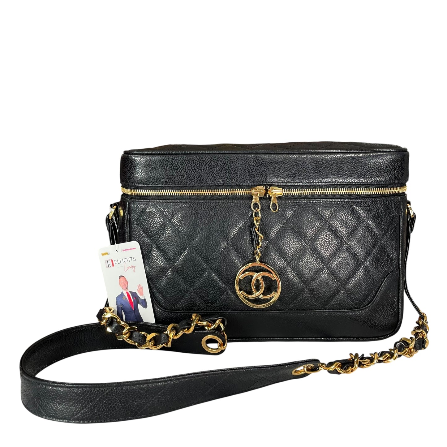 Chanel CC Cosmetic Camera Tolietry Vanity Caviar Black Leather 24K Plated 2 Way Purse
