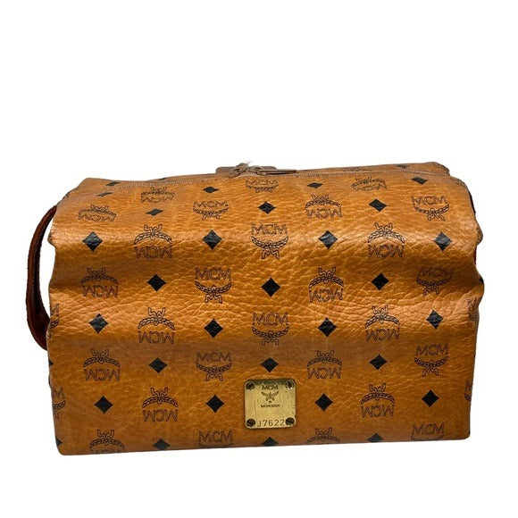 MCM Cognac Viestos Brown Black Zippy Travel Toiletry Cosmetic Bag Large Bucket