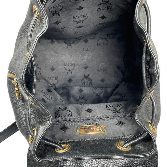 MCM Black Calf Leather Pebbled Gold Plated Multi Stud Flap Drawstring Backpack