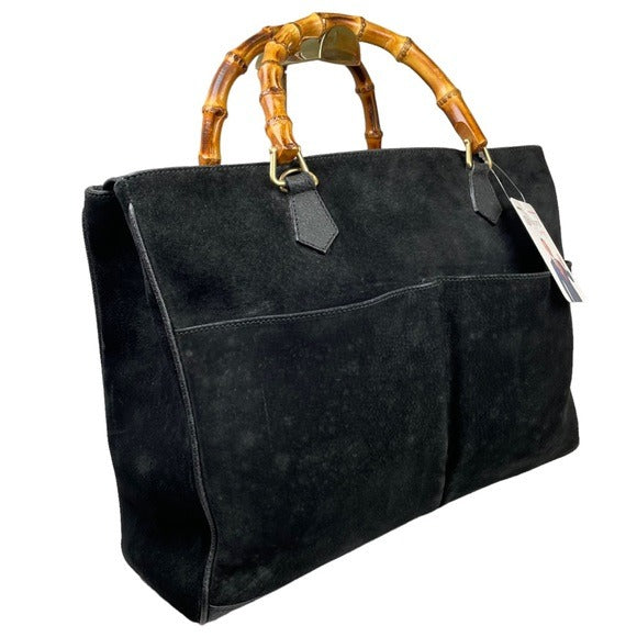 Gucci GG Diana Bamboo Black Suede Leather Dual Snap XL Pocket Top Handle Tote