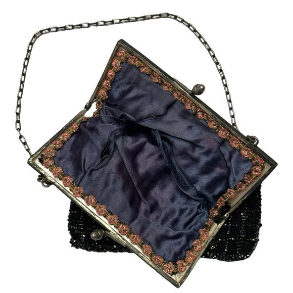 Whiting Davis Sterling Plated Black Kiss-Lock Evening Beaded Wovens Mesh Clutch