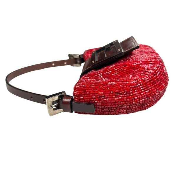 Fendi Red Beaded Mini Croissant Brown Leather Snap Front Handbag Pur…