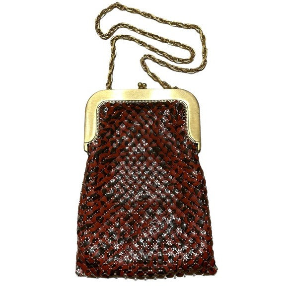 Whiting & Davis Brushed Gold Metal Mesh Shoulder Kiss-Lock Wristlet Clutch Purse