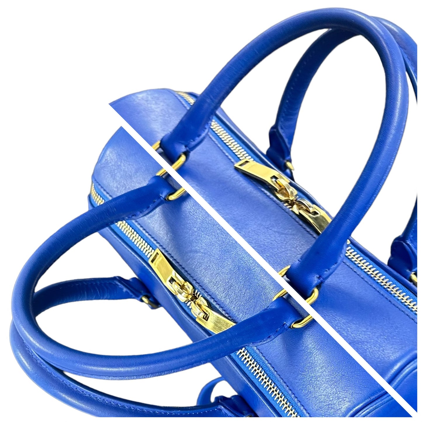 YSL Yves Saint Laurent Cobalt Blue Mini Calfskin Boston Two-Way Strap Speedy Bag