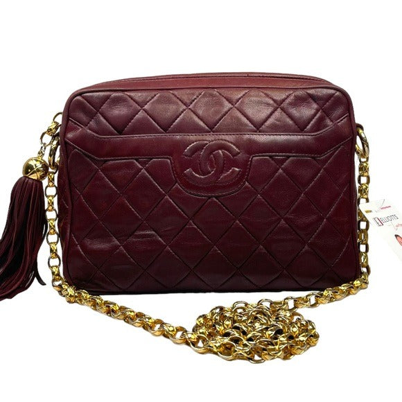 Chanel CC Lambskin Bordeaux Quilted Crossbody 24K Plated Chain Tassel Purse Bag