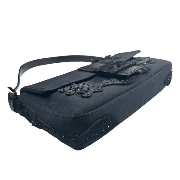Fendi Black Beaded Appliqué Floral Pony Hair Detail & Strap Flap Baguette