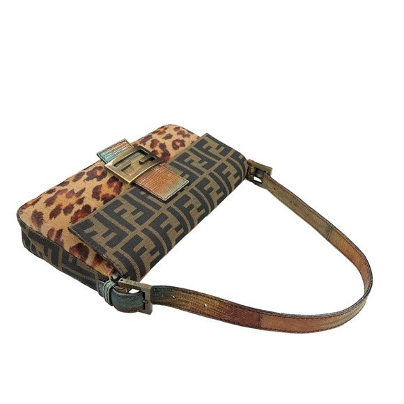 Fendi Zucca Canvas Cheetah Calf Hair Leather Lizard Skin Baguette Shoulder Purse