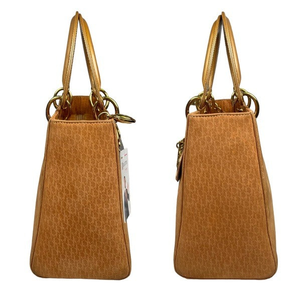 Christian Dior Lady Monogram Suede Tan Golden Handle Enamel Leather Top Handle