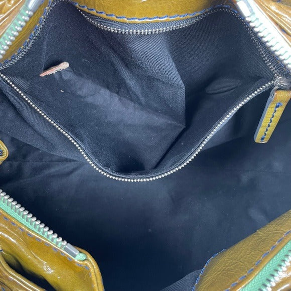 Chloe Bronze Blue Stitch Patent Leather Large Paddington Lock Shoulder Bag Tote