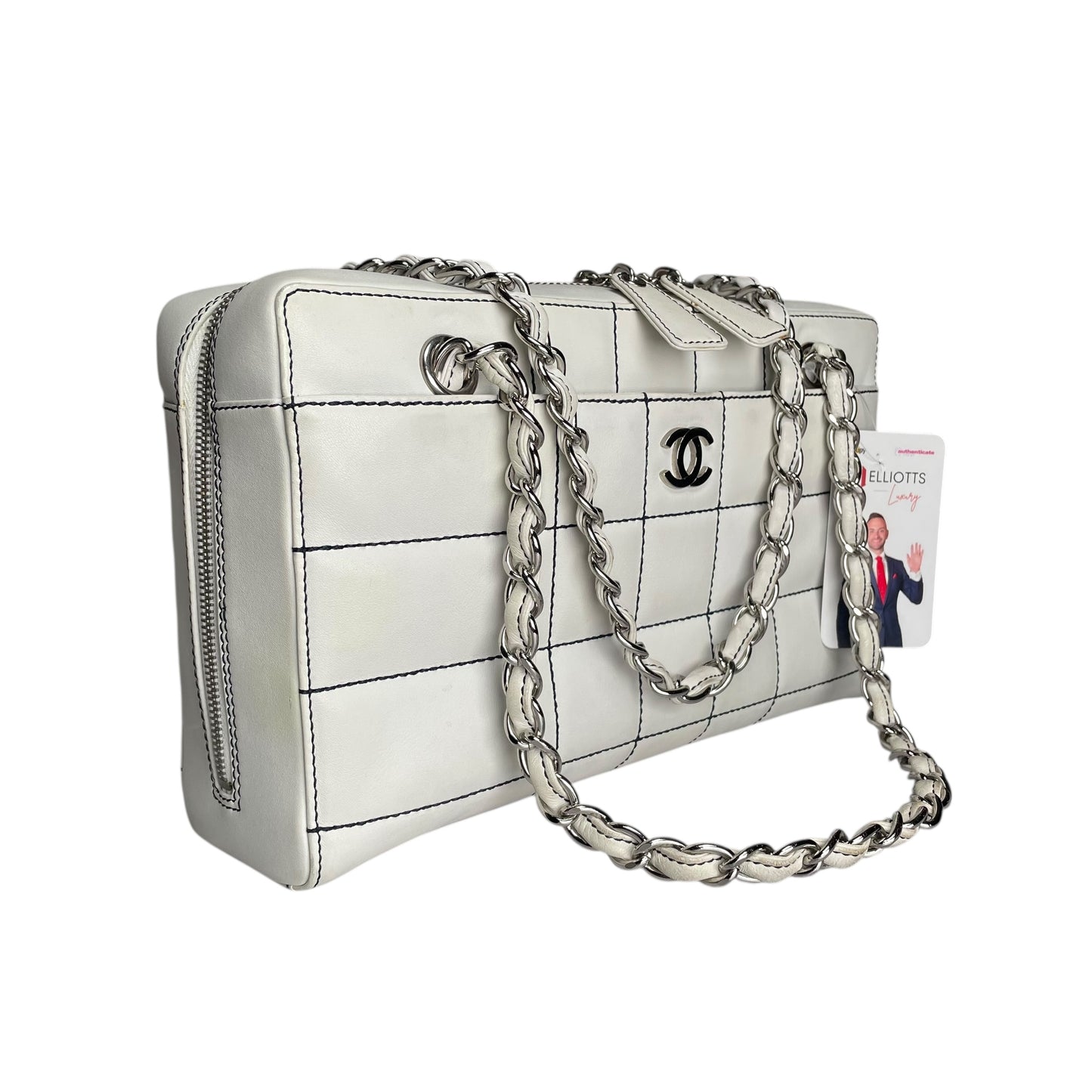 Chanel CC Timeless White Chocolate Bar Wildstitch Navy Blue SHW Shoulder Purse