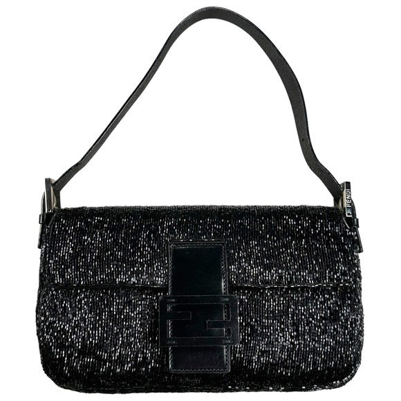 Fendi Black Silver Beaded Baguette Leather Strap Shoulder Purse Flap Bag