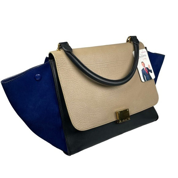 Celine Tri-Color Royal Blue Taupe Black Gold Large Shoulder Bucket Snap Purse