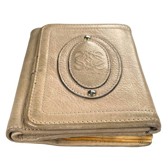 Loewe Leather Creme Compact Tri-Fold Kiss-Lock Wallet card Organizer