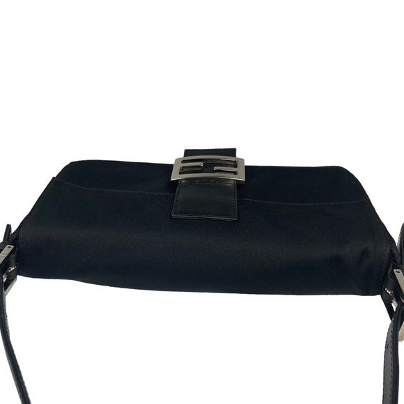 Fendi Black Satin Silver FF Baguette Flap Bag Purse Shoulder Leather Snap Clutch