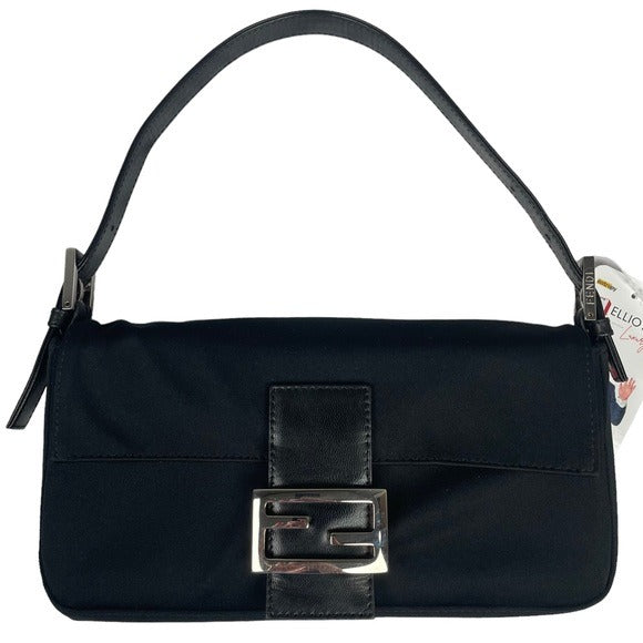 Fendi Black Satin Silver FF Baguette Flap Bag Purse Shoulder Leather Snap Clutch