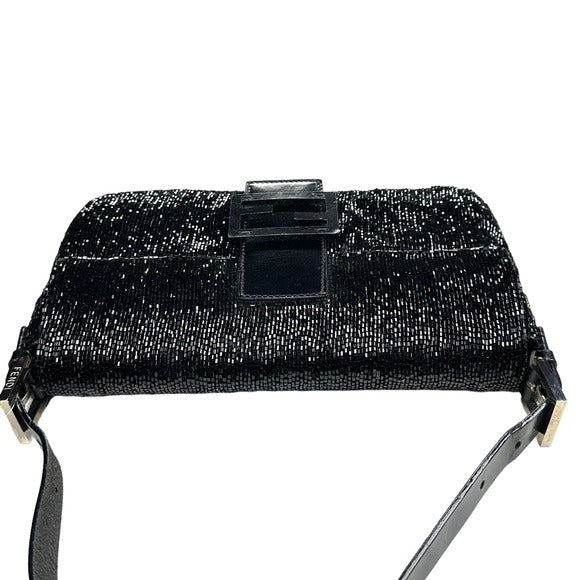 Fendi Black Silver Beaded Baguette Leather Strap Shoulder Purse Flap Bag