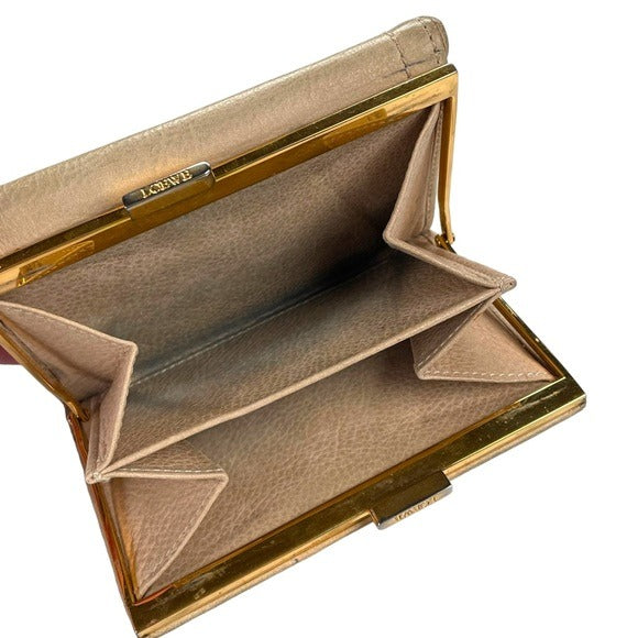 Loewe Leather Creme Compact Tri-Fold Kiss-Lock Wallet card Organizer