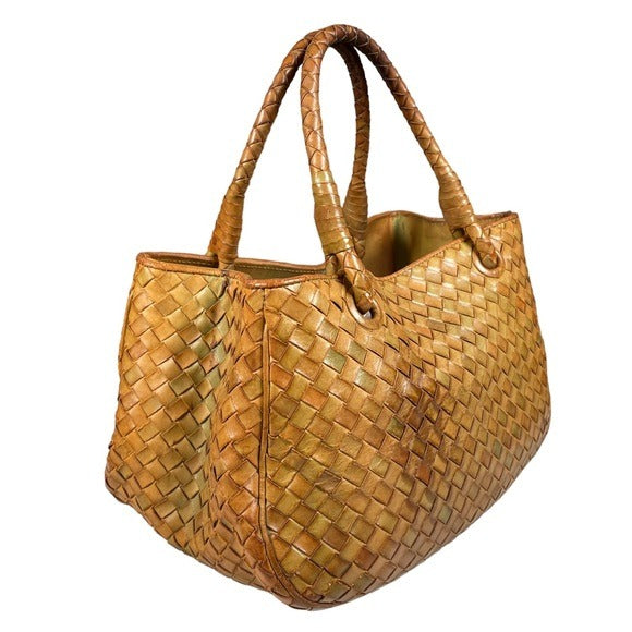 Bottega Veneta Tan Brown Green Woven Leather Shoulder Purse Two File Zip Bag