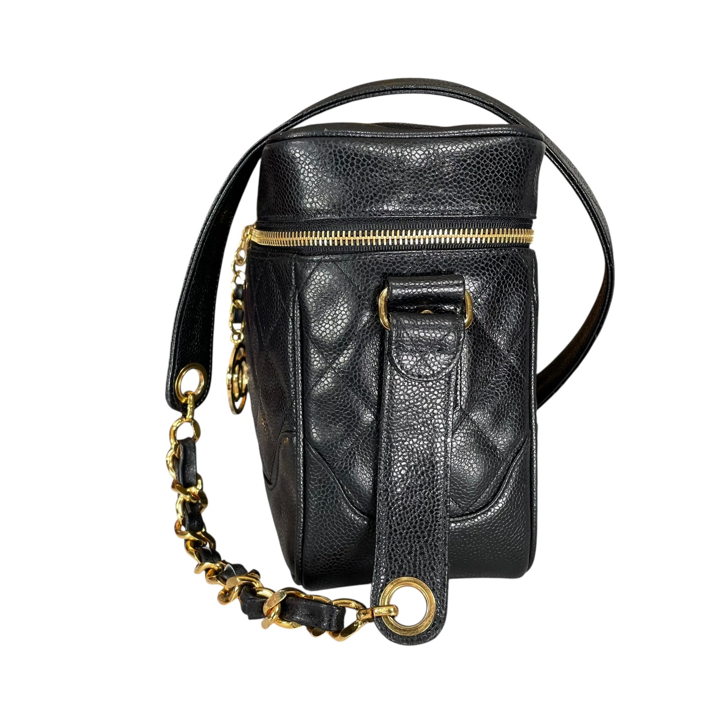 Chanel CC Cosmetic Camera Tolietry Vanity Caviar Black Leather 24K Plated 2 Way Purse