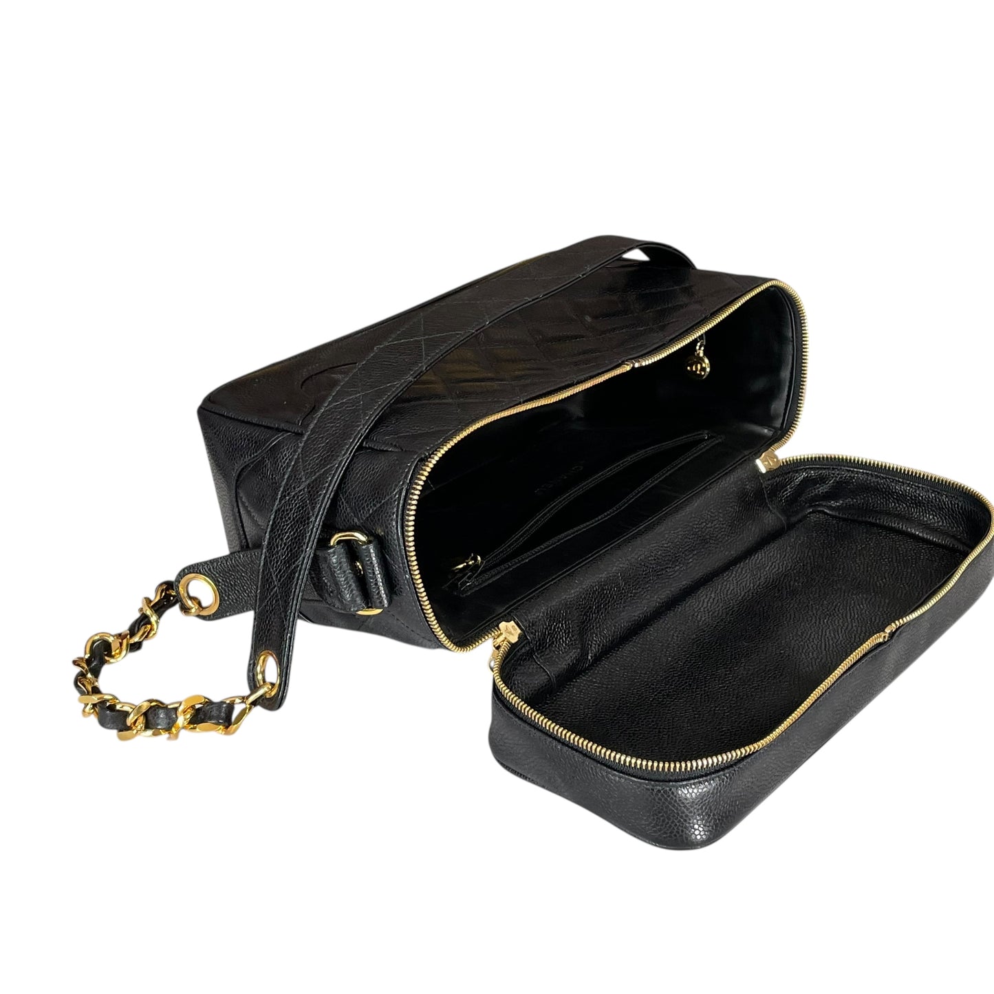 Chanel CC Cosmetic Camera Tolietry Vanity Caviar Black Leather 24K Plated 2 Way Purse