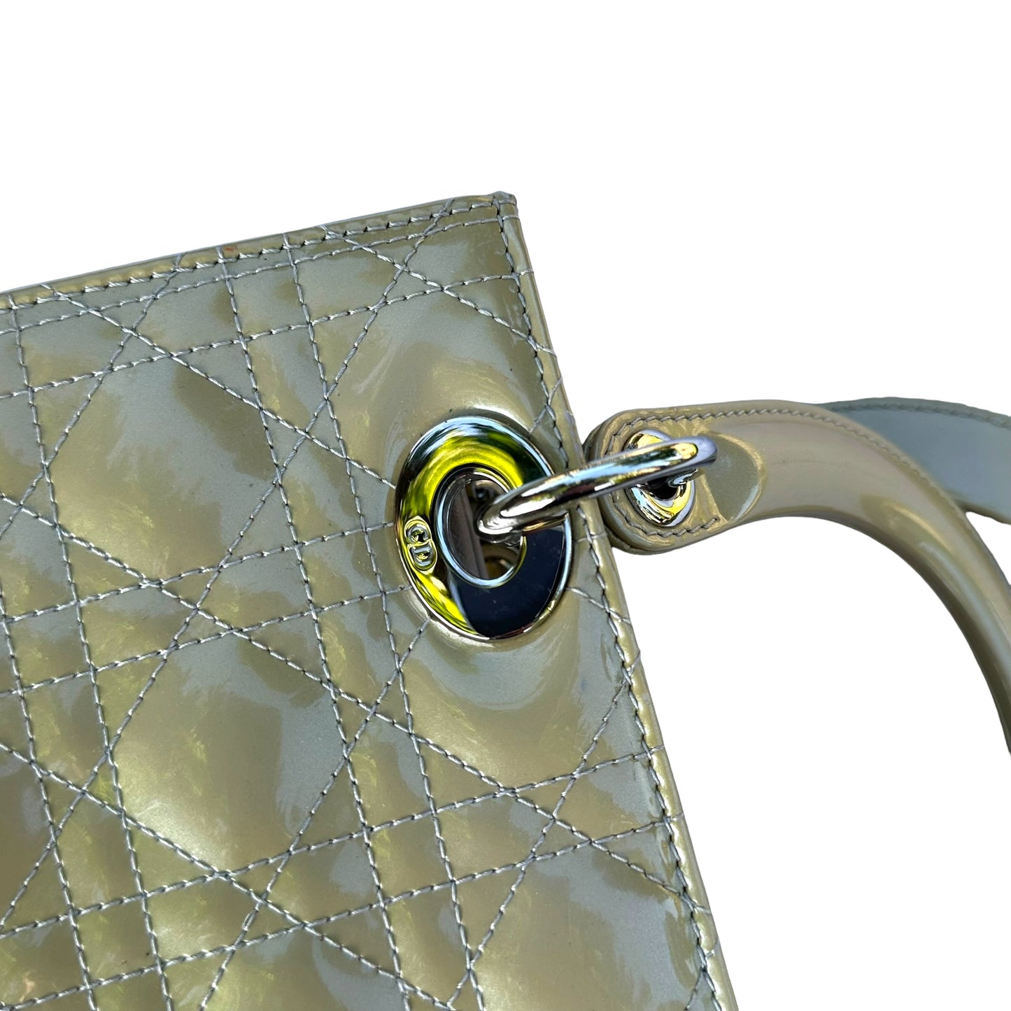 Christian Dior Lady Green Pearl Silver Cannage Patent Leather Zip Two-Way Purse