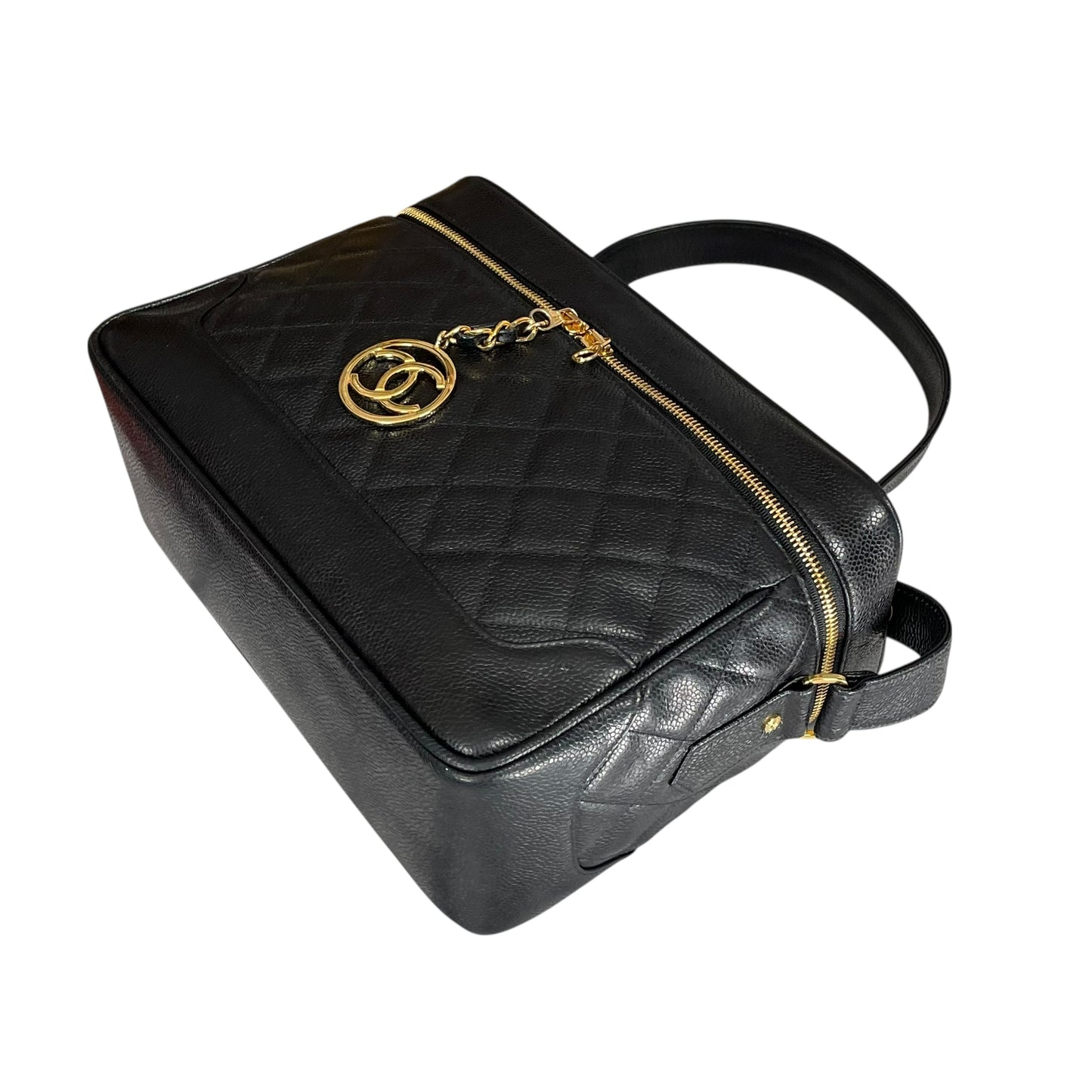 Chanel CC Cosmetic Camera Tolietry Vanity Caviar Black Leather 24K Plated 2 Way Purse