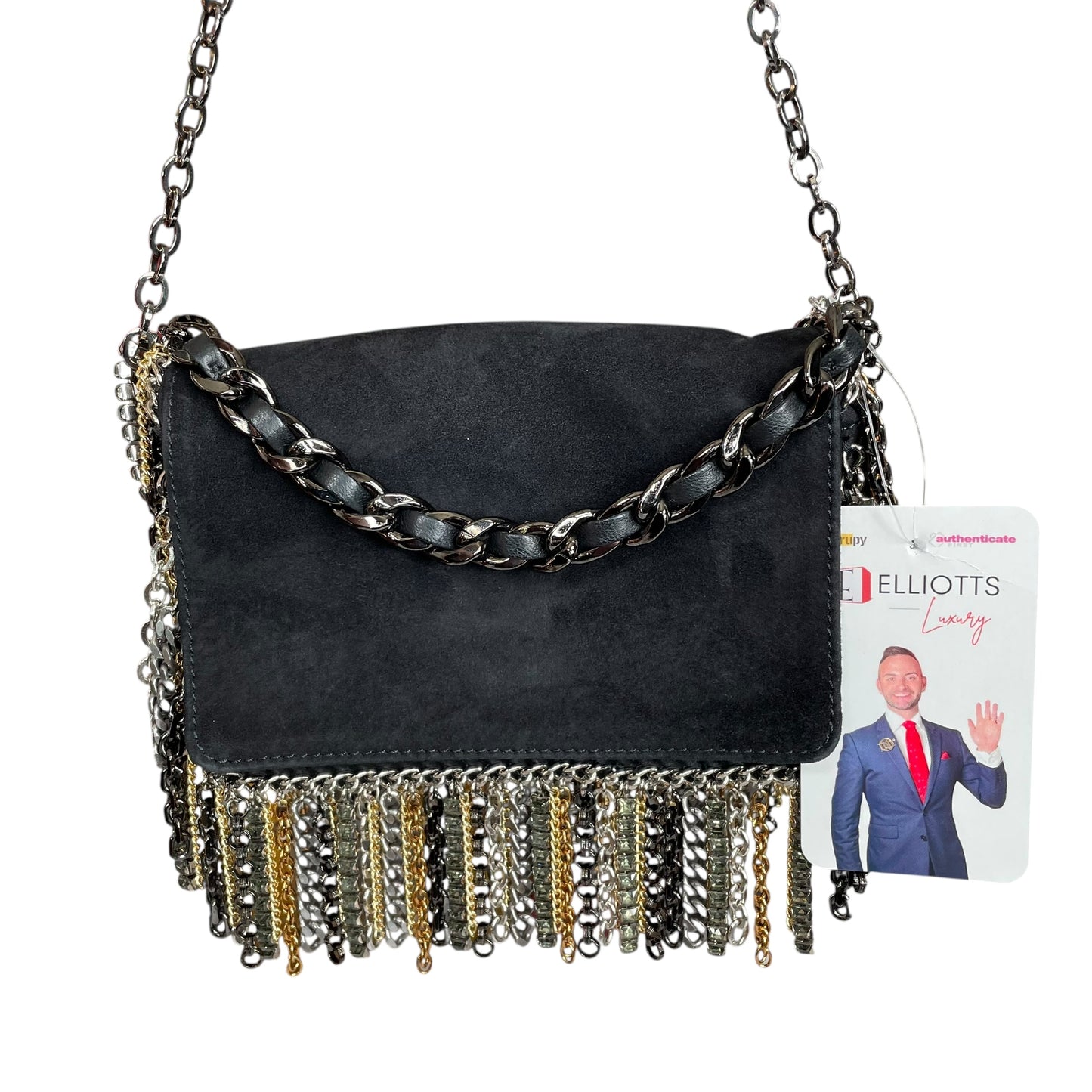 Jimmy Choo Mini Black Suede Mixed Chain Rhinestone Fringe Hardware 2-Way Clutch Shoulder Purse