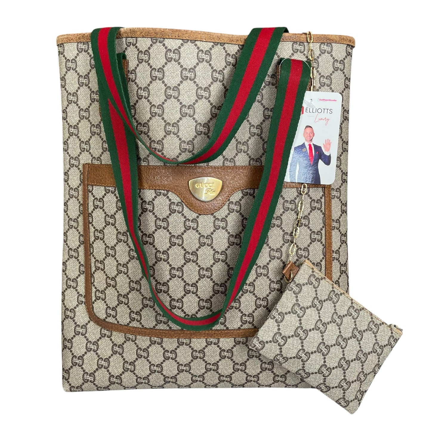 Gucci Plus GG Leather & Canvas Sherry Line Tote w/Mini Gucci Plus Zip. Pouch