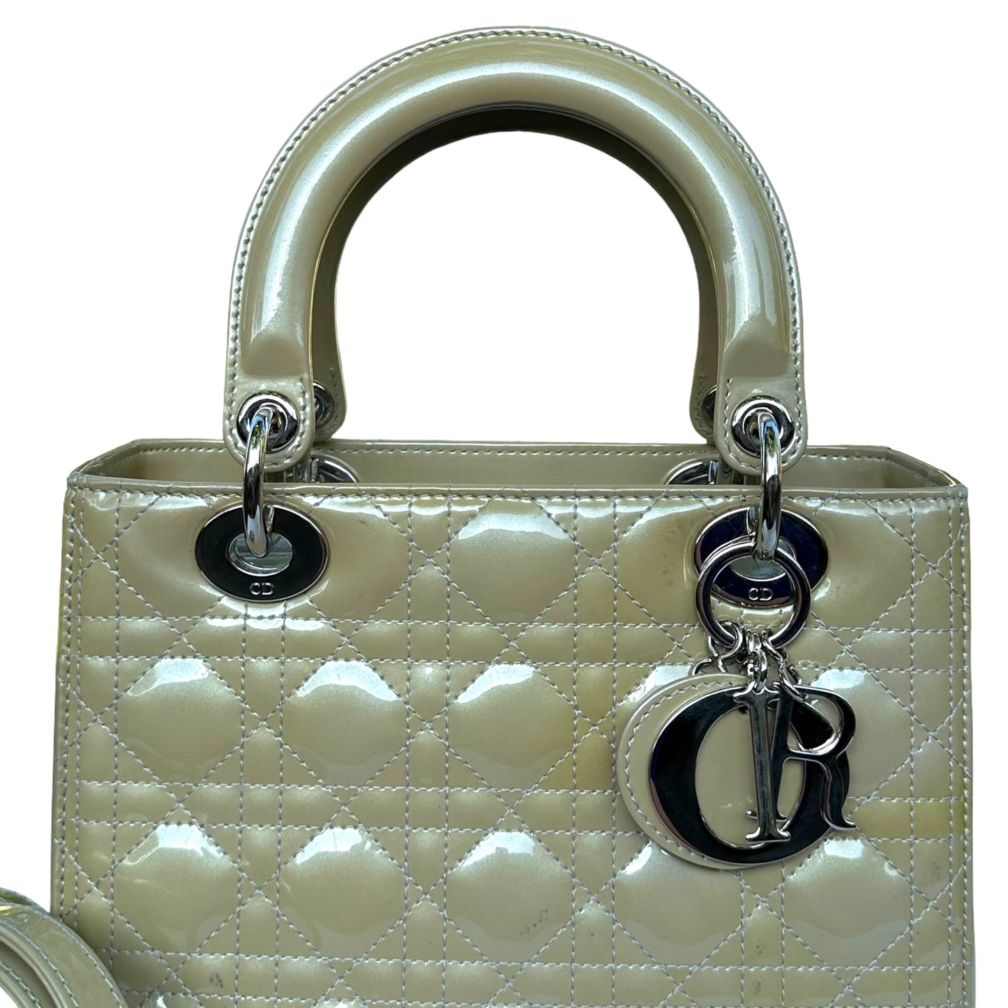 Christian Dior Lady Green Pearl Silver Cannage Patent Leather Zip Two-Way Purse