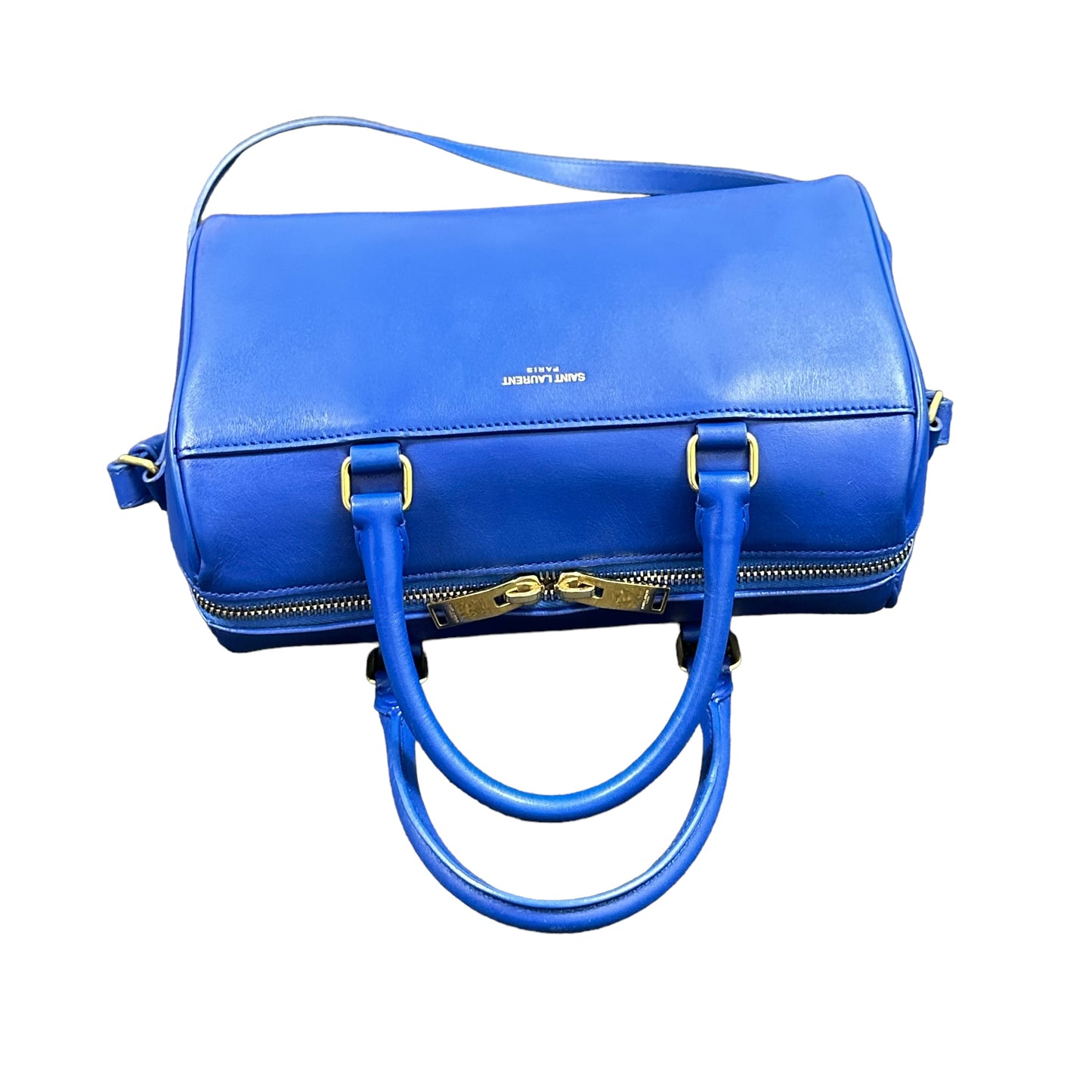 YSL Yves Saint Laurent Cobalt Blue Mini Calfskin Boston Two-Way Strap Speedy Bag