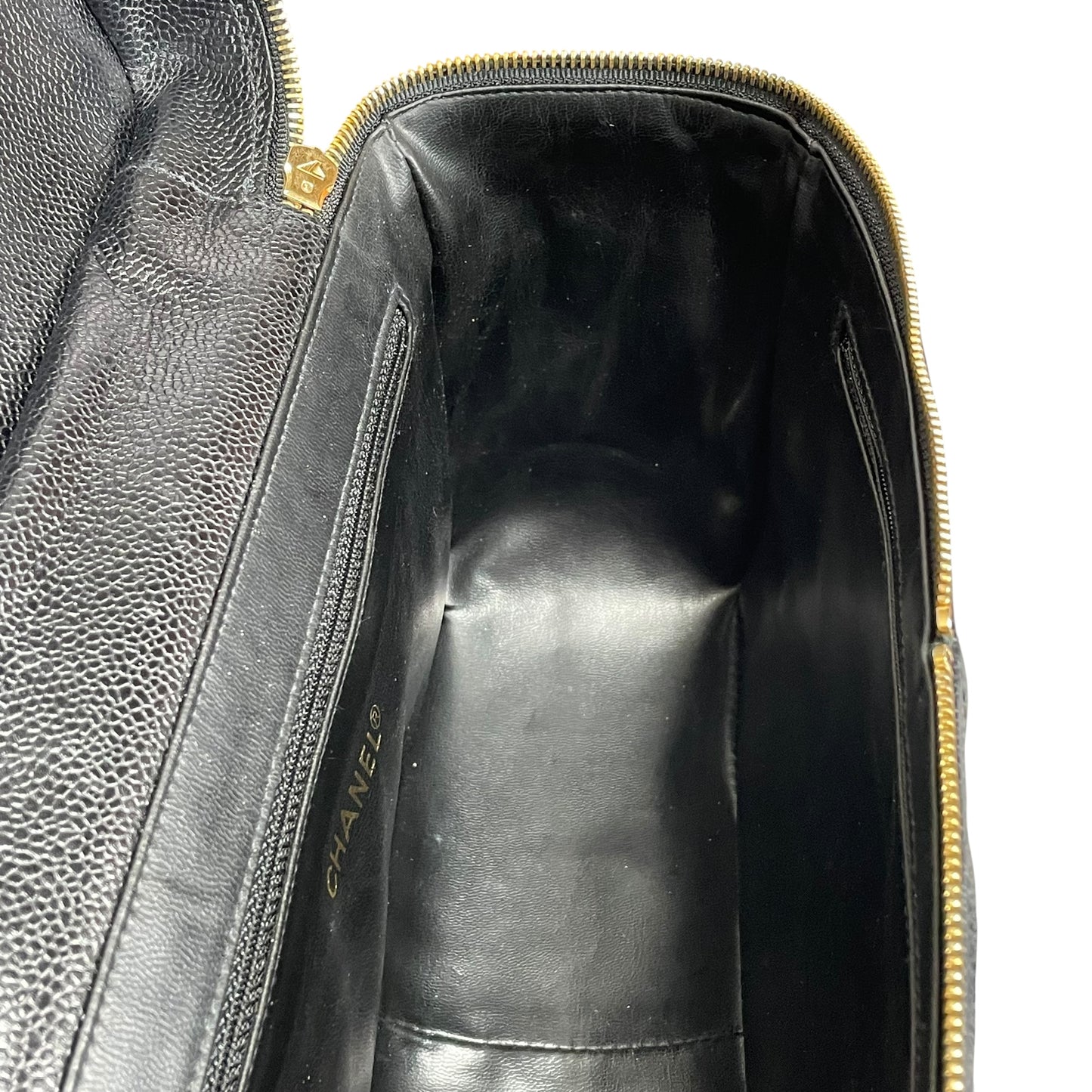 Chanel CC Cosmetic Camera Tolietry Vanity Caviar Black Leather 24K Plated 2 Way Purse
