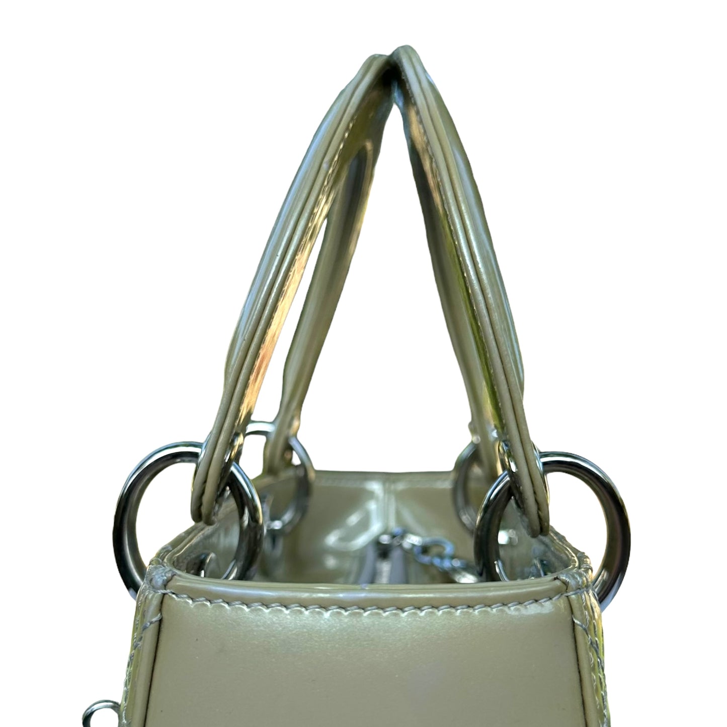 Christian Dior Lady Green Pearl Silver Cannage Patent Leather Zip Two-Way Purse