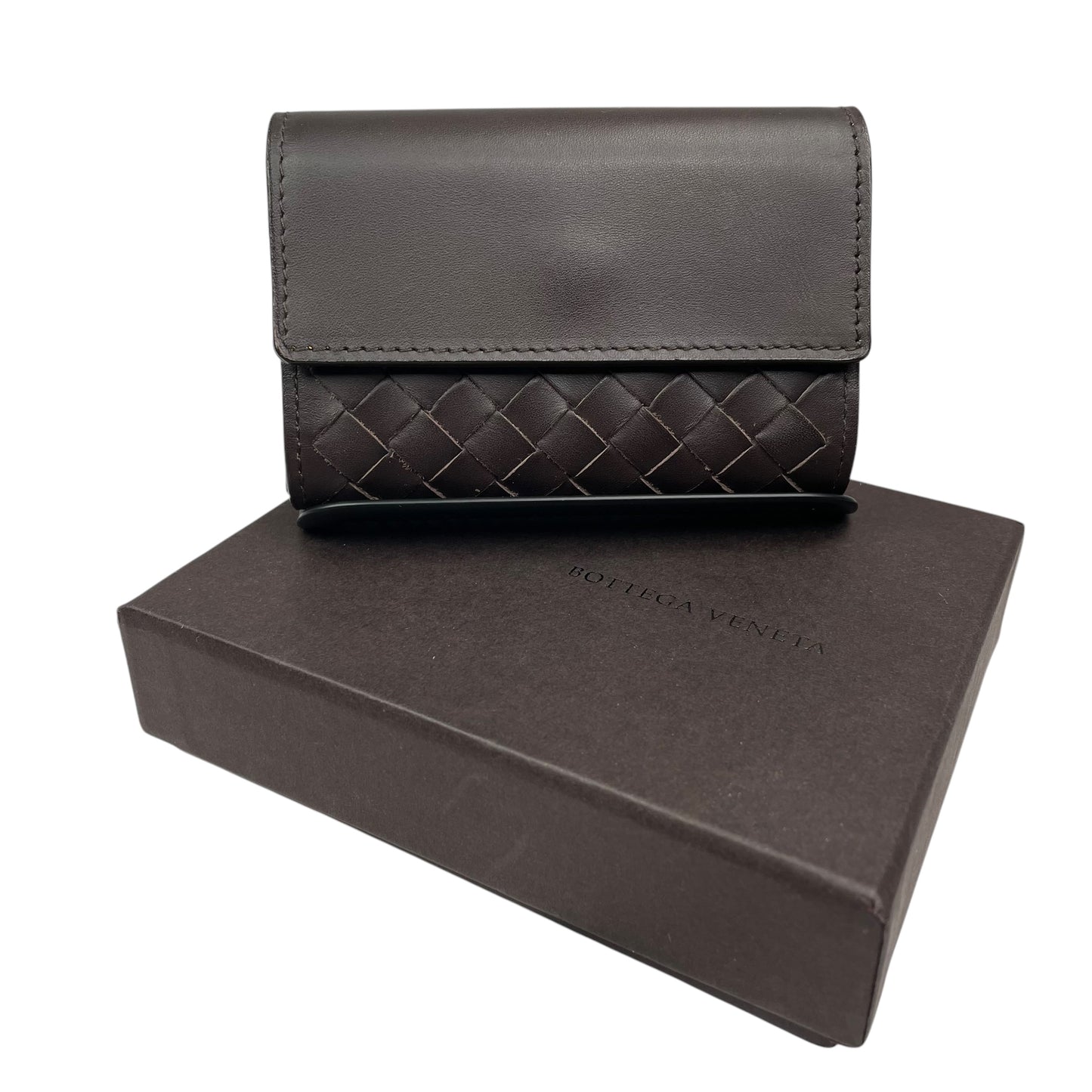 Bottega Veneta Intrecciato Brown Leather Card Holder Foldable Compact Wallet