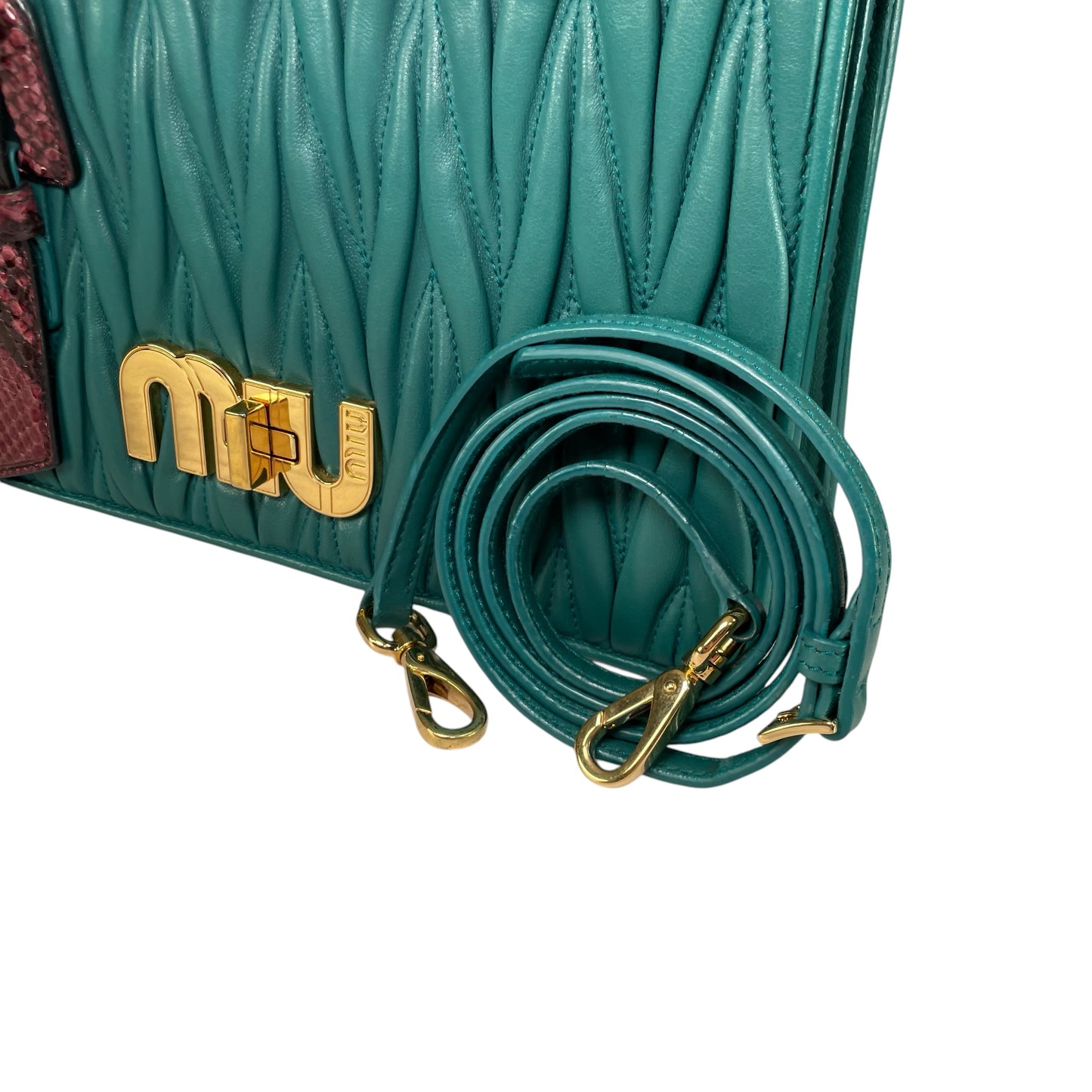 Miu Miu Delice Teal Matelasse Python Embossed Nappa Leather GHW Crossbody Flap Purse